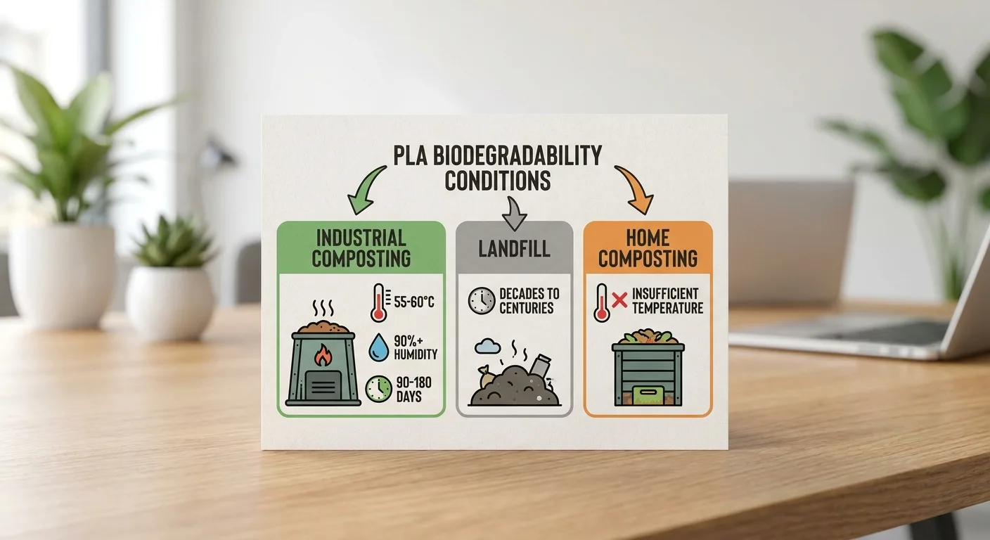 Infografía sobre las condiciones reales de biodegradabilidad del PLA: compostaje industrial, vertedero y compostaje doméstico